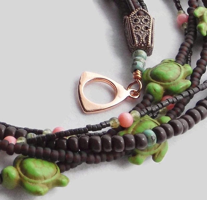 Beaded Turtle Statement Necklace: A Vibrant Multi-Strand Boho Masterpiece adorned with Brown, Green, & Pink Gemstones Unique Gift for Her image 6