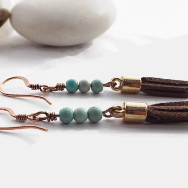 Turquoise Beaded and Brown Leather Tassel Earrings with Copper Findings - Southwest Inspiration - A Truly Unique Gift for Her