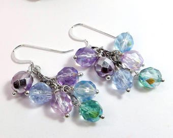 Ombre Earrings using Chain and Czech Glass Beads in Shades of Purple, Blue, & Green - Perfect for Spring and Summer - Unique Gift for Her