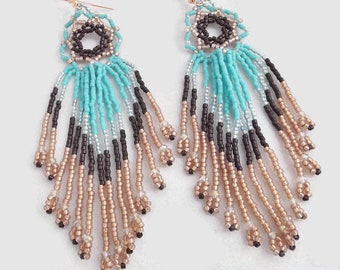 Turquoise and Copper Seed Bead Earrings with Cascading Handwoven Fringe - Exquisite Beaded Southwest Jewelry - A Gift of Elegance for Her