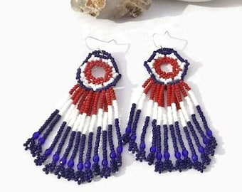 Handwoven Seed Bead Fringe Earrings: Patriotic Red, White, and Blue