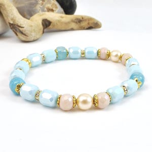 Ocean-Inspired Stretch Bracelet in Blue and Gold with Pearl Crystals and Glass Beads - Adjustable Glistening Tides - Unique Gift for Her