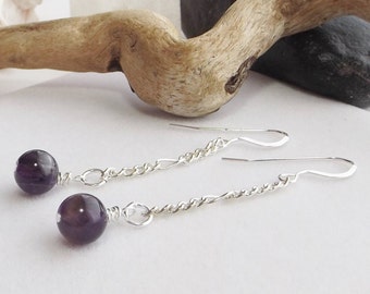 Handmade Dangle Earrings with Beautiful Amethyst and Silver Chain – A Unique Fusion of Boho and Coastal Charm - Ideal Gift for Her