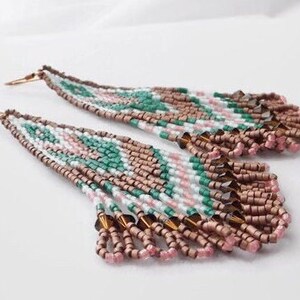 Fringe Seed Bead Handwoven Statement Earrings in Copper, Green, and Pink Beautiful Boho Western Piece Unique Gift for Her image 6