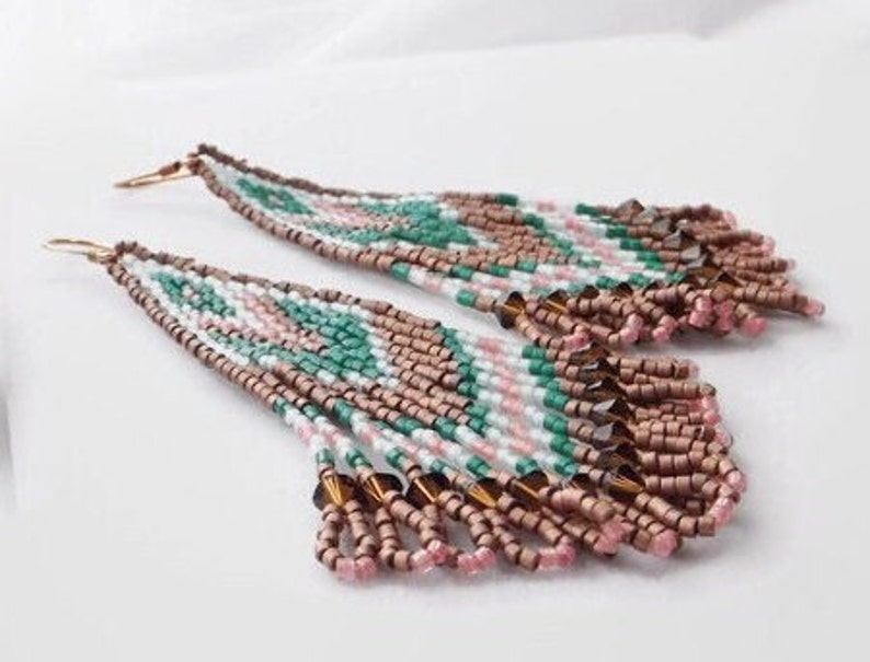 Fringe Seed Bead Handwoven Statement Earrings in Copper, Green, and Pink Beautiful Boho Western Piece Unique Gift for Her image 6