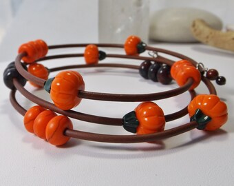 Elegant Glass Pumpkin Bangle: Brown and Orange Beads - Thanksgiving Cuff Bracelet with Southwest Inspiration - A Unique Gift for Her