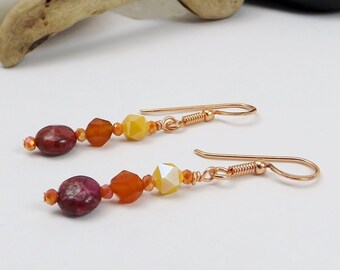Drop Earrings in Beautiful Sunset Hues: Crazy Lace Agate, Carnelian, and Crystal Beads Embrace a Cute Tropical Vibe - Perfect Gift for Her