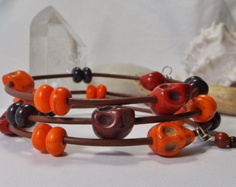 Adjustable Memory Wire Bangle Bracelet with Brown and Orange Beads, Gemstone Skull Bracelet - Southwestern Halloween Holiday Jewelry