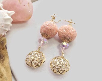 Pink and Gold Flower Cage Earrings: Enchanting Crystal Dangles with Beaded Accents - Artisanal Boho Jewelry - Exquisite Gift for Her