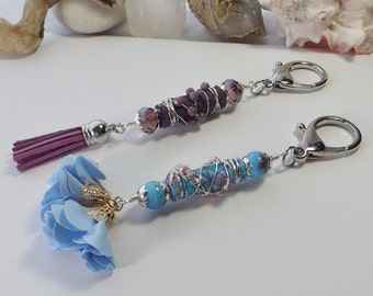 Handmade Artisan Bag Charm with Sari Ribbon, Wire-Wrapped Beads, Faux Leather, and Flower Tassels - Boho Elegance - Unique Gift for Her