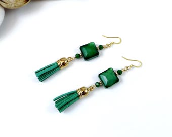 Green Leather Tassel Earrings, Gold Bead Accents, Long Dangle Earrings