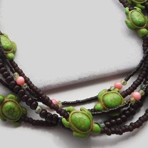 Beaded Turtle Statement Necklace: A Vibrant Multi-Strand Boho Masterpiece adorned with Brown, Green, & Pink Gemstones Unique Gift for Her image 3