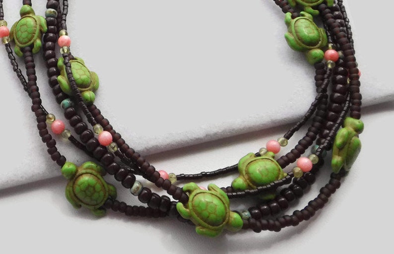 Beaded Turtle Statement Necklace: A Vibrant Multi-Strand Boho Masterpiece adorned with Brown, Green, & Pink Gemstones Unique Gift for Her image 3