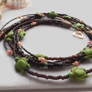 Beaded Turtle Statement Necklace: A Vibrant Multi-Strand Boho Masterpiece adorned with Brown, Green, & Pink Gemstones Unique Gift for Her image 8