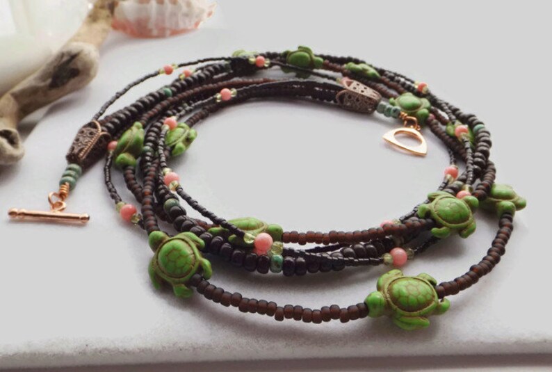 Beaded Turtle Statement Necklace: A Vibrant Multi-Strand Boho Masterpiece adorned with Brown, Green, & Pink Gemstones Unique Gift for Her image 7
