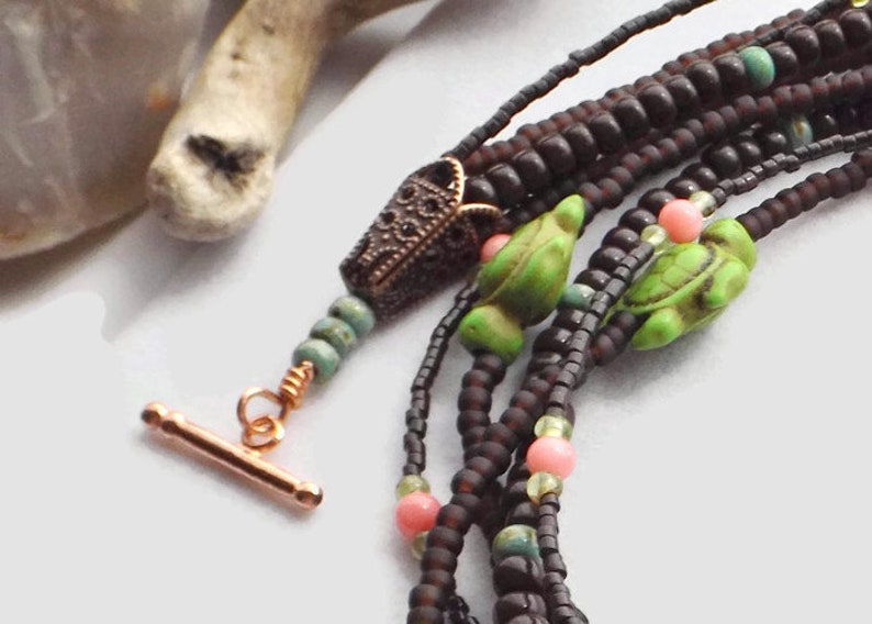 Beaded Turtle Statement Necklace: A Vibrant Multi-Strand Boho Masterpiece adorned with Brown, Green, & Pink Gemstones Unique Gift for Her image 9