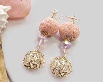 Pink and Gold Flower Cage Earrings: Enchanting Crystal Dangles with Beaded Accents - Artisanal Boho Jewelry - Exquisite Gift for Her