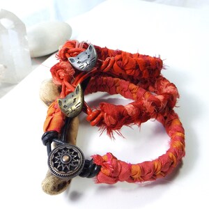 Handwoven Sari Silk Ribbon and Leather Bracelet - Red and Orange, Fishtail Braid