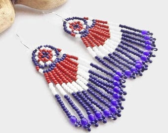 Handwoven Seed Bead Earrings in Red, White, & Blue with Fringe