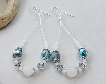 Teardrop Hoop Earrings - A Symphony of Blue, White, and Silver with Czech Glass and Gemstone Beads - Boho Elegance - Unique Gift for Her