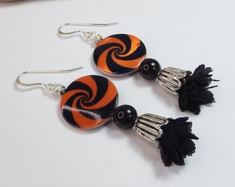 Orange and Black Statement Earrings with Agates, Shell Beads, & Ebony Floral Tassels - Enchanting Halloween Elegance - Unique Gift for Her