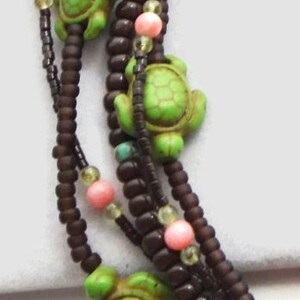 Beaded Turtle Statement Necklace: A Vibrant Multi-Strand Boho Masterpiece adorned with Brown, Green, & Pink Gemstones Unique Gift for Her image 5