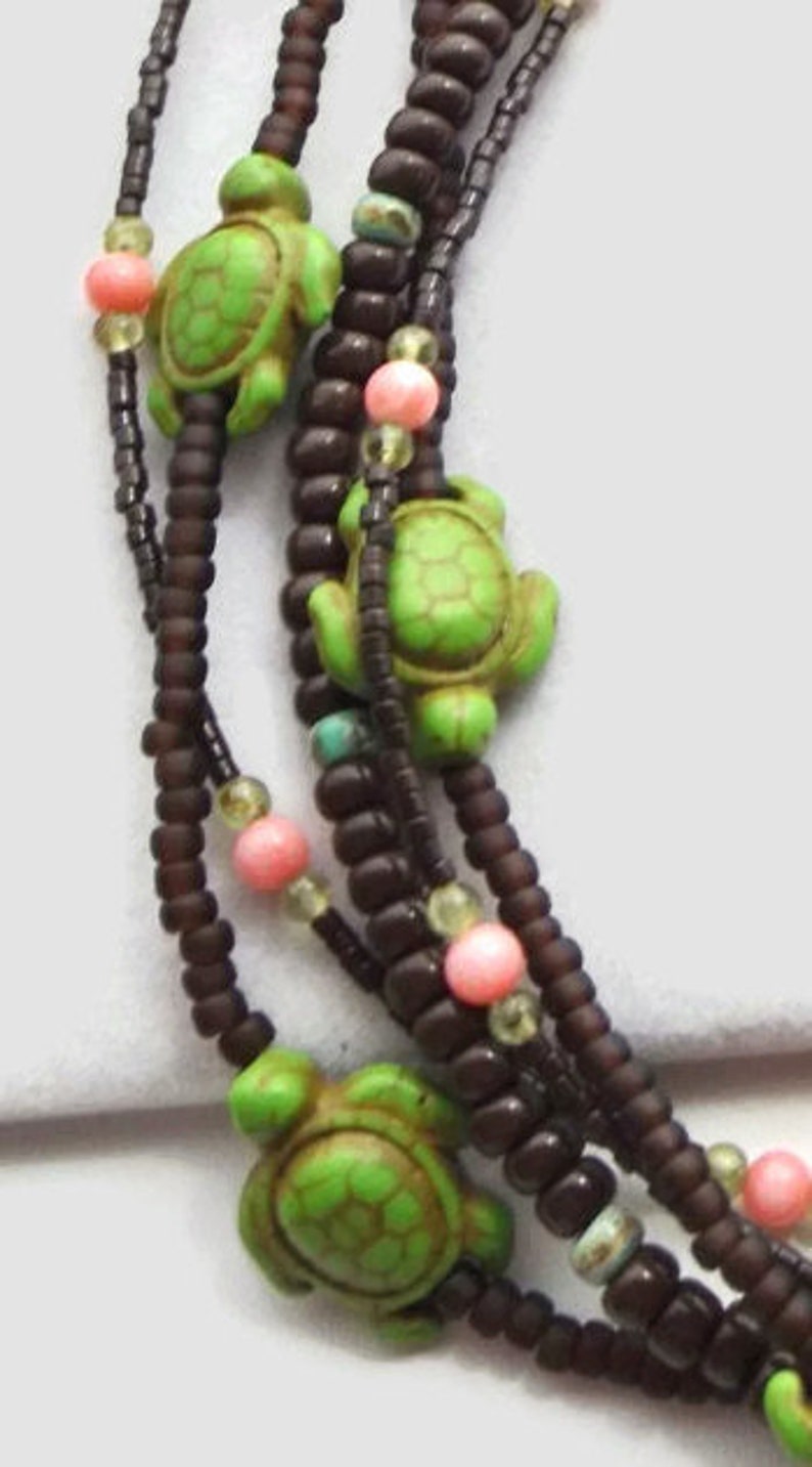 Beaded Turtle Statement Necklace: A Vibrant Multi-Strand Boho Masterpiece adorned with Brown, Green, & Pink Gemstones Unique Gift for Her image 5