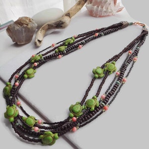 Beaded Turtle Statement Necklace: A Vibrant Multi-Strand Boho Masterpiece adorned with Brown, Green, & Pink Gemstones Unique Gift for Her image 2