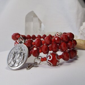 Red Beaded Rosary Memory Wire Bracelet: Red Glass Beads, &quot;Queen of the Most Holy Rosary&quot; Medal Charm and Silver Cross - Unique Gift for Her