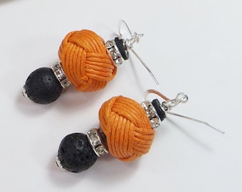 Orange and Black Earrings Adorned with Large Fiber and Lava Beads - Embrace Halloween Hues and Celebrate the Season - Unique Gift for Her