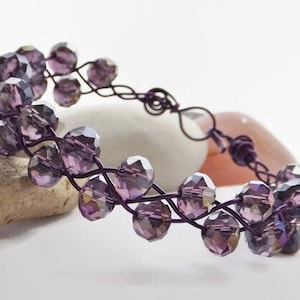 Handmade Braided Purple Wire Wrapped Bangle Bracelet with Glass Beads - Enchanting Violet Love - A Unique Boho Gift for Her