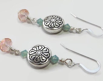 Silver Flower Coin Dangle Earrings with Pink Glass Beads & Pacific Opal Crystals - Lovely Southwestern Elegance - Unique Gift for Her