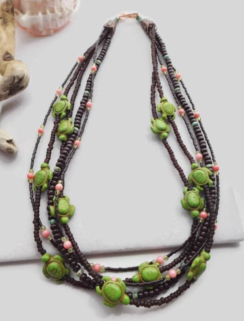 Beaded Turtle Statement Necklace: A Vibrant Multi-Strand Boho Masterpiece adorned with Brown, Green, & Pink Gemstones Unique Gift for Her image 4