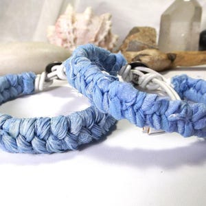 Blue and White Handwoven Recycled Sari Silk Ribbon and Leather Braided Bracelet - Fishtail Braid, Boho Western Style - Unique Gift for Her