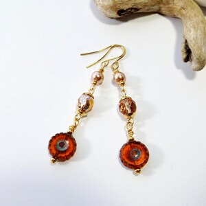 Long Floral Dangle Earrings: Czech Glass Flowers and Crystal Pearls in Vibrant Orange, Rose Gold, and Gold - Unique Gift for Her