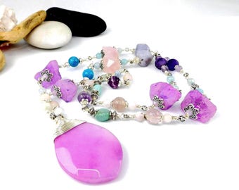 Purple Mountain Jade Pendant Necklace – Pastel Gemstone Beaded Chain, Boho Jewelry