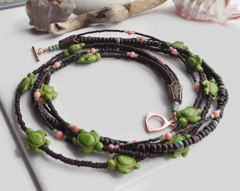 Beaded Turtle Statement Necklace: A Vibrant Multi-Strand Boho Masterpiece adorned with Brown, Green, & Pink Gemstones Unique Gift for Her image 1