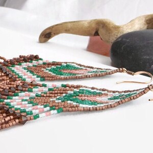 Fringe Seed Bead Handwoven Statement Earrings in Copper, Green, and Pink Beautiful Boho Western Piece Unique Gift for Her image 2