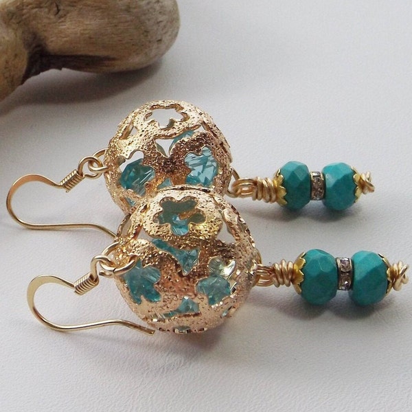 Turquoise and Gold Statement Dangle Earrings Adorned with Gold Cage Beads - Bold Boho Elegance and An Exquisite Gift for Her