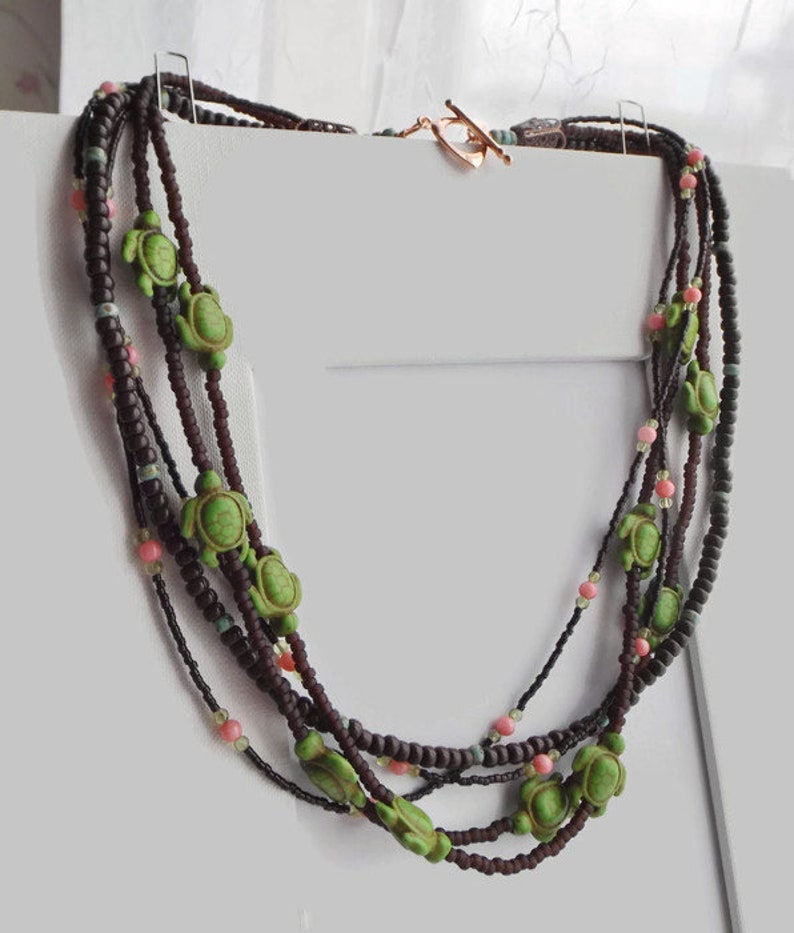 Beaded Turtle Statement Necklace: A Vibrant Multi-Strand Boho Masterpiece adorned with Brown, Green, & Pink Gemstones Unique Gift for Her image 10