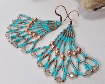 Handwoven Fringe Seed Bead Earrings: Turquoise and Copper Infused with Crystal Pearls - Exuding a Rustic Style - Unique Gift for Her