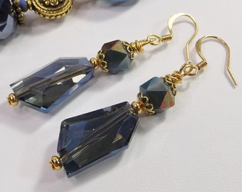 Exquisite Dark Blue and Gold Beaded Statement Earrings - Dazzling Midnight Blue Delight - Radiant Gift for Her