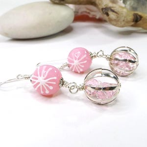 Playful Statement Earrings: Sparkling Festive Elegance with Caged Pink Beads & Snowflake-themed Glass Beads - Christmas Gift for Her