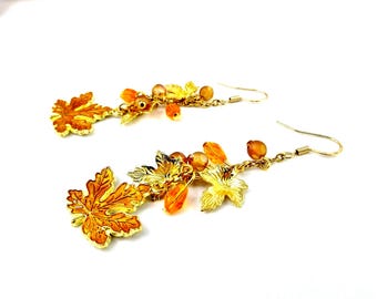 Gold Maple Leaf Dangle Earrings, Autumn Jewelry, Fall Earrings in Orange and Brown
