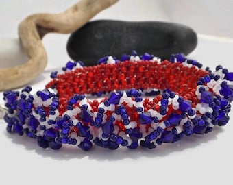 Radiant Red, White, and Blue: Woven Seed Bead Cuff Bracelet with Crystal Accents – A Southwest Treasure and Perfect 4th of July Gift for Her