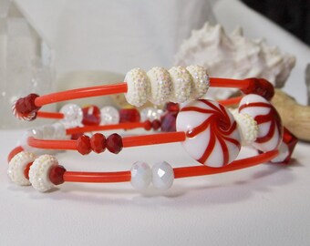 Whimsical Candy Cane Adjustable Bracelet in Red and White: Memory Wire Bracelet with Peppermint Candy Beads - Unique Christmas Gift for Her