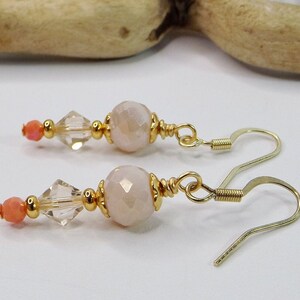 Radiant Cherry, Cream, and Gold Drop Earrings made with Crystal Bicones and Glass Beads: Exquisite Beach Boho Jewelry - Unique Gift for Her