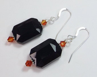 Orange and Black Statement Earrings with Crystals & Sleek Black Glass Beads, Embracing the Allure of Halloween Hues - Unique Gift for Her