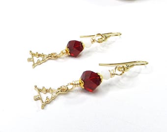 Holiday Statement Earrings: Gold Christmas Tree Charms, Festive Green, Red, and White Glass Beads - Perfect Unique Gift for Her
