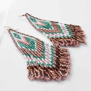 Fringe Seed Bead Handwoven Statement Earrings in Copper, Green, and Pink Beautiful Boho Western Piece Unique Gift for Her image 4